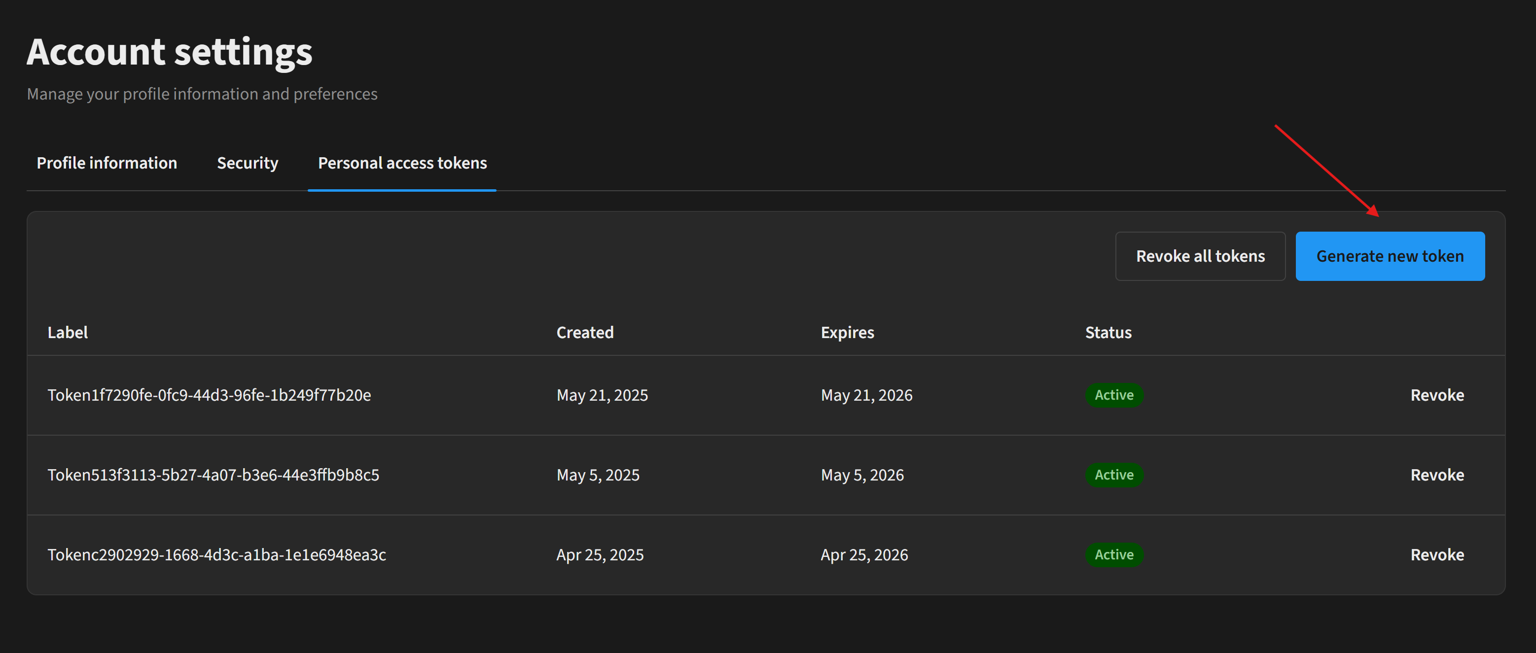 Generate new token button