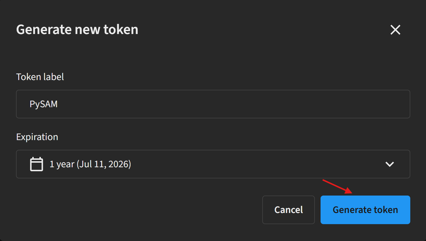 Enter token label and expiration date